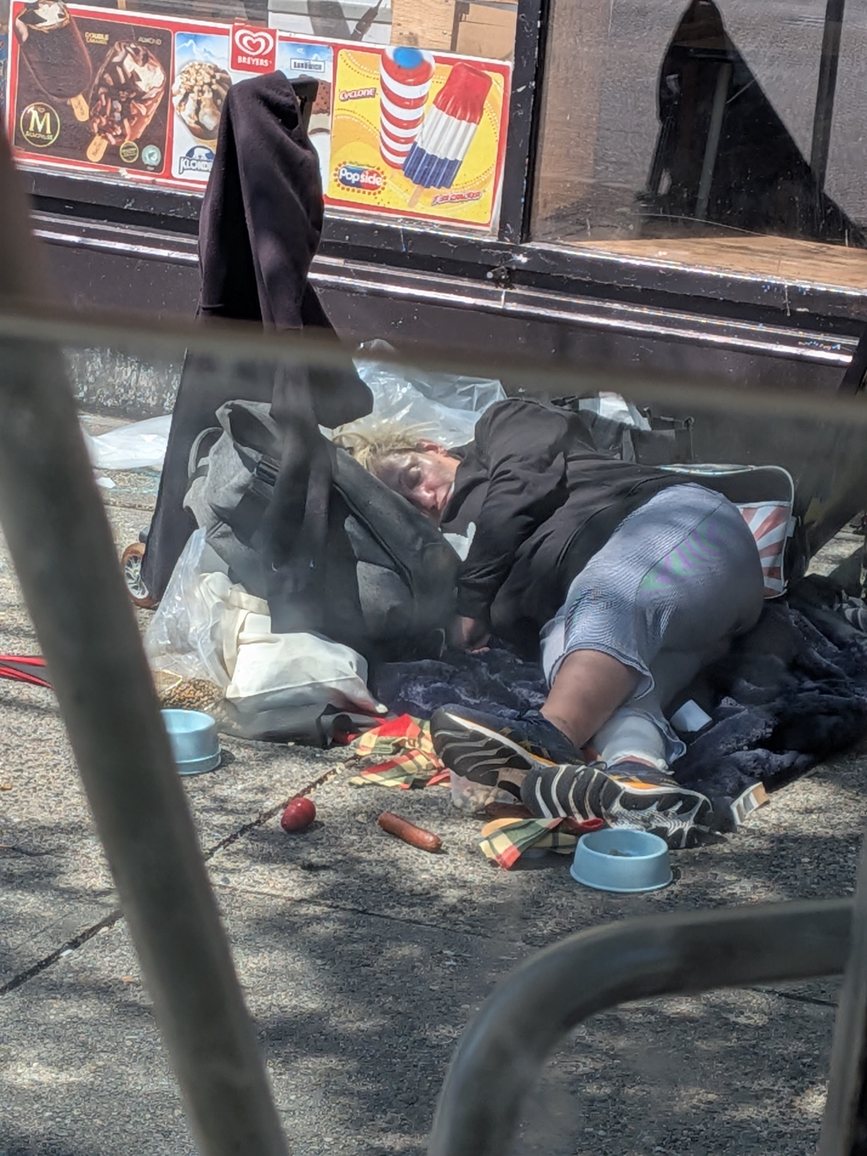 Victoria Mansfield sleeping on the sidewalk across from 138 East Hastings, with her belongings and dog bowls beside her
